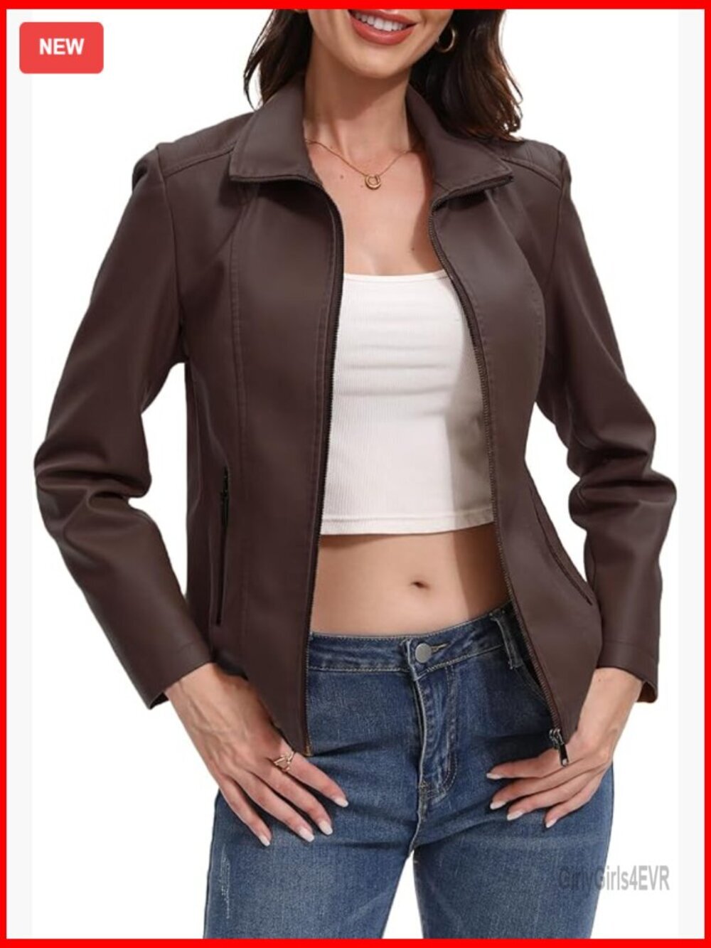 Faux Leather Motorcycle Jacket Quilted Shoulders Zip Up Regular Fit